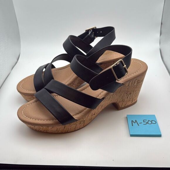 CUSHIONAIRE Women's Russ cork wedge sandal +Memory Foam SIZE 8 BLACK PREOWNED - Picture 3 of 7